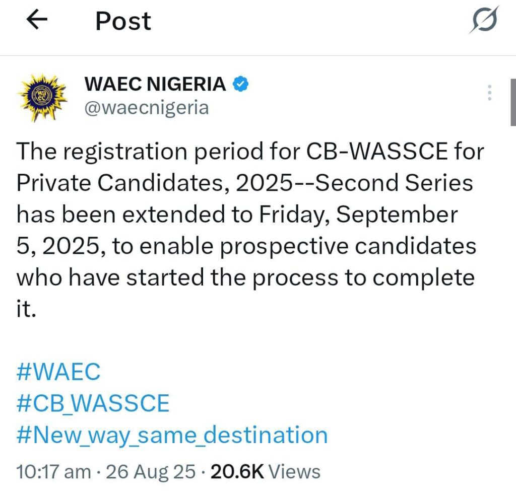 Waec Gce 2025/2026 Private Candidates: Exam Starting Date, Registration, Price &Amp; Fee 2025 Waec Gce 2025/2026 Private Candidates: Exam Starting Date, Registration, Price &Amp; Fee 2025